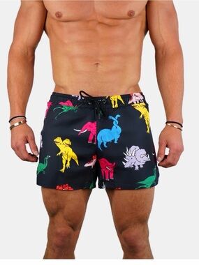 Men's Black Swim Trunks with Multicolor Dinosaur Print